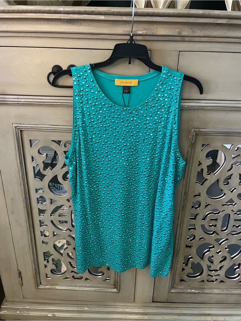 St. John Teal Jewel-Studded Sleeveless Tank